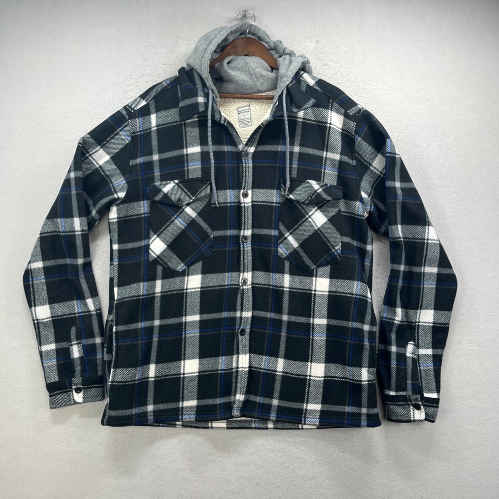 Oakwood Mountain Hooded Flannel Shirt Jacket Mens Large Black Plaid Sherpa Lined